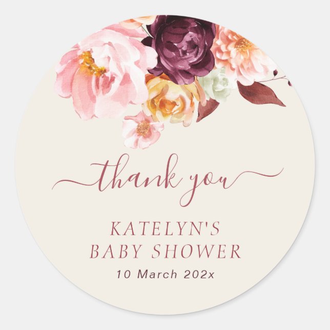 baby in bloom fall floral baby shower  classic round sticker (Front)