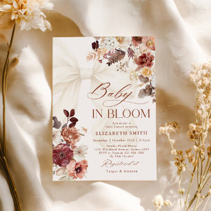 Baby In Bloom Fall Floral White Bow Baby Shower Invitation