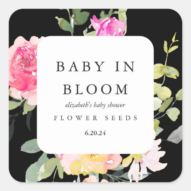 Baby in Bloom Floral Baby Shower Black Square Sticker (Front)