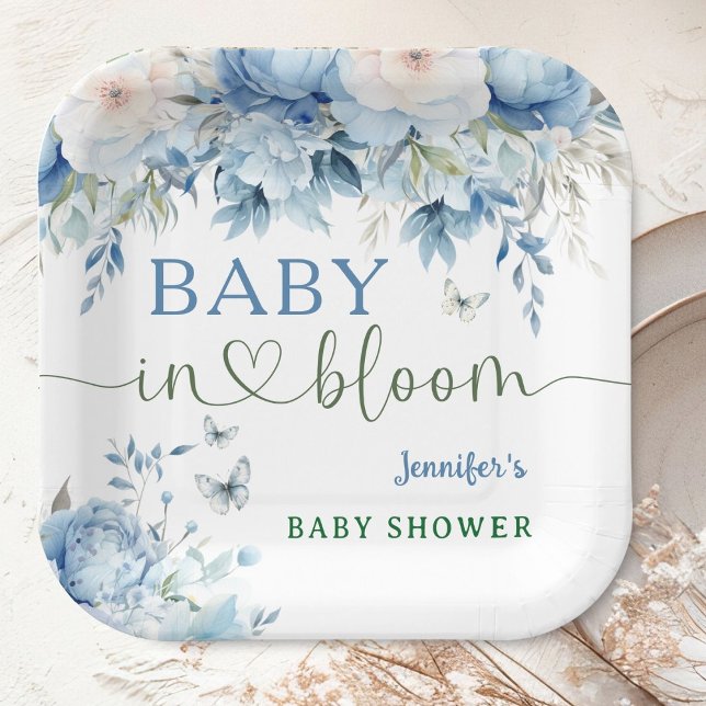 Baby in Bloom Floral Baby Shower Dusty Blue Paper Plate (Creator Uploaded)
