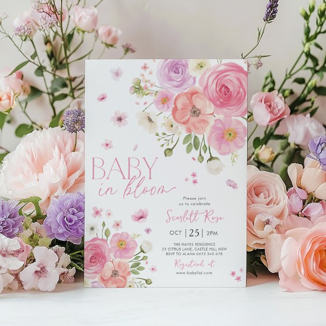 Baby in Bloom Floral Baby Shower Purple Pink  Invitation (Baby in Bloom | Pink Purple Floral Baby Shower Invitation)