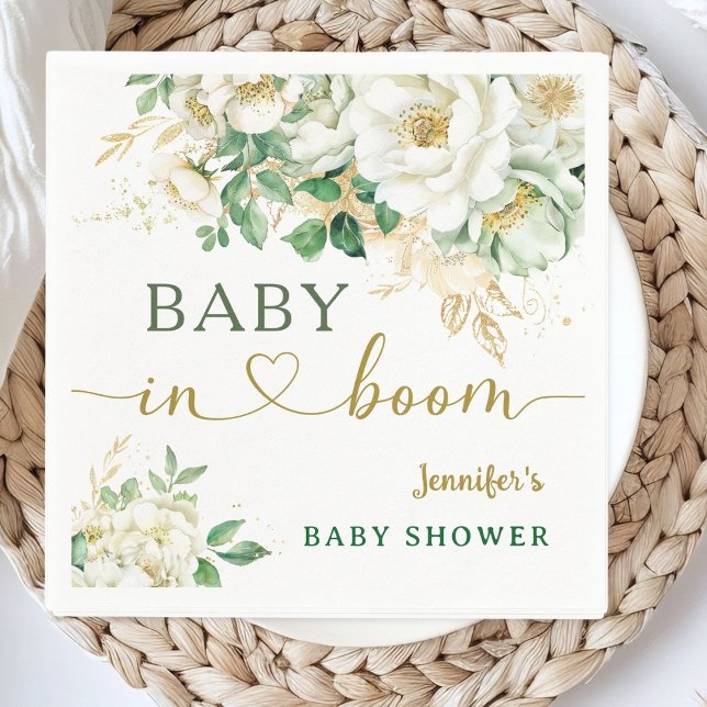 Baby in Bloom Floral Baby Shower Sage Green Gold  Napkin (Creator Uploaded)