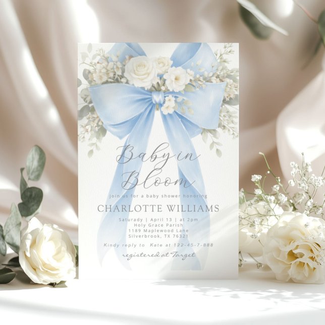 Baby in Bloom Floral Blue Bow Baby Shower Invitation (Creator Uploaded)