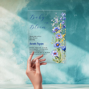 Baby in bloom floral blue boy clear Baby Shower Acrylic Invitations