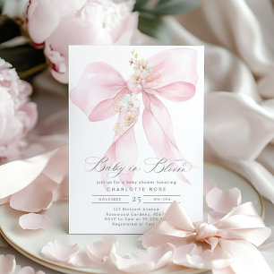 Baby in Bloom Floral Blush pink Bow baby shower Invitation