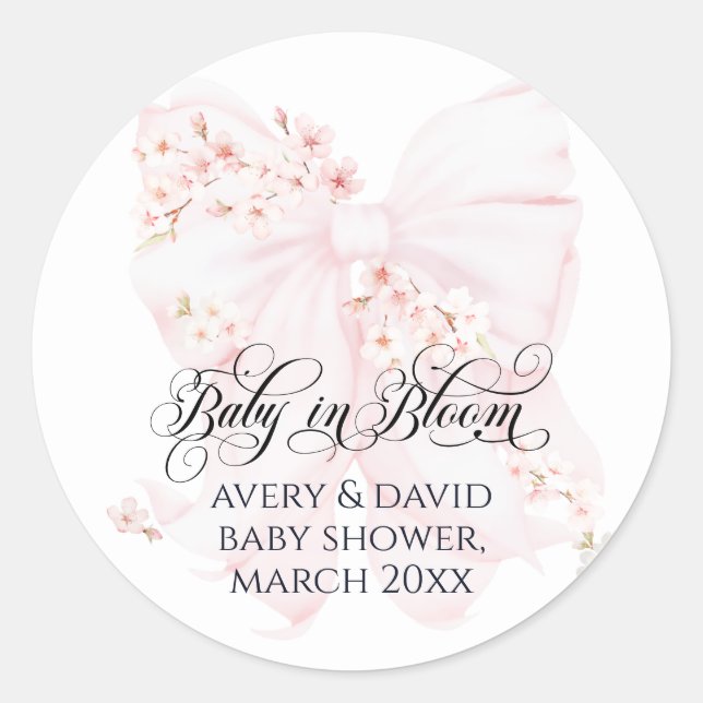 Baby in Bloom Floral Bow Spring Girl Baby Shower Classic Round Sticker (Front)