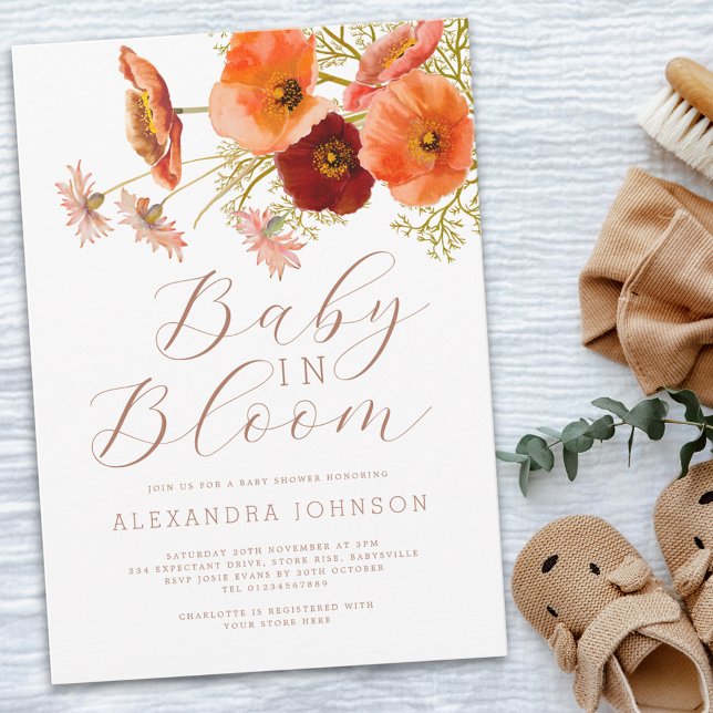 Baby in Bloom Floral Fall Baby Shower Invitation (Boho fall floral baby shower invitation elegant script watercolor flowers orange brown terracotta )