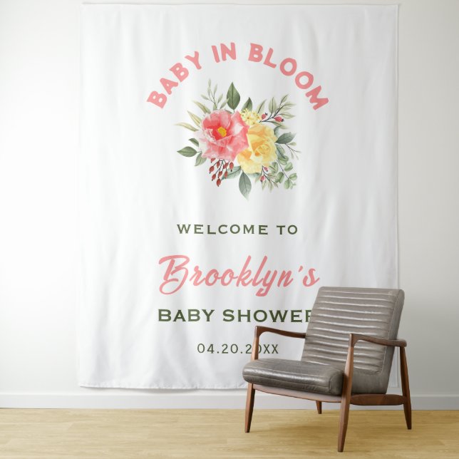 Baby In Bloom Floral Flowers Baby Shower Backdrop Tapestry (In Situ)
