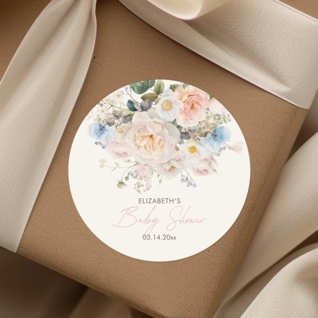 Baby In Bloom Floral Pink Baby Shower Classic Roun Round Sticker (Creator Uploaded)