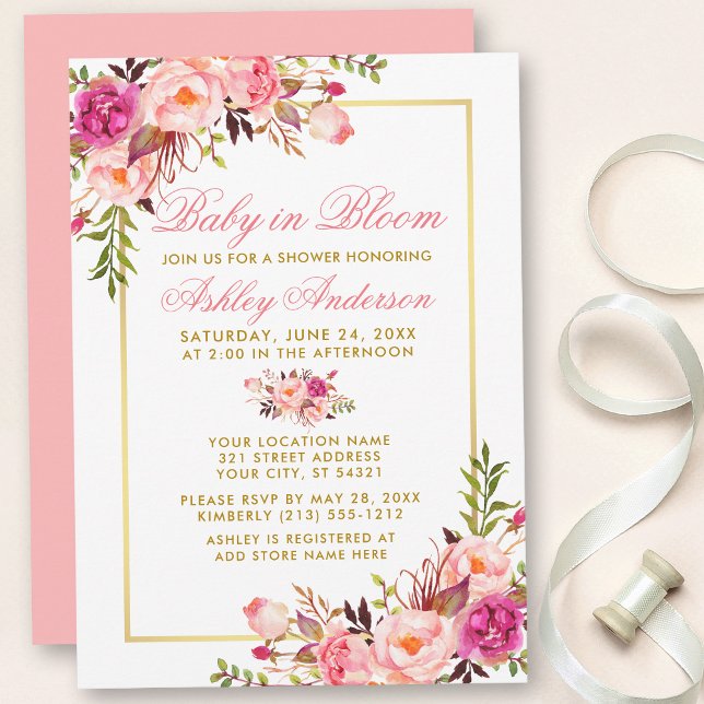 Baby In Bloom Floral Pink Blush Gold Shower Invitation (Customize to change text color, text style or color of back of card.)