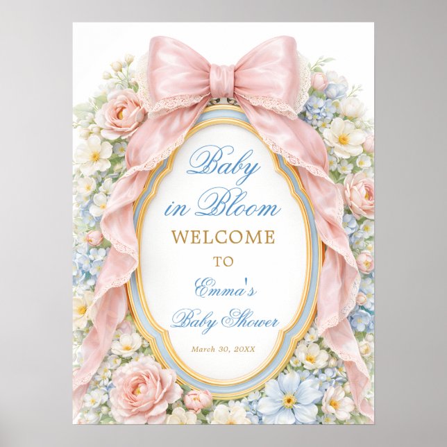 Baby in Bloom Floral Pink Bow Baby Shower Welcome Poster (Front)