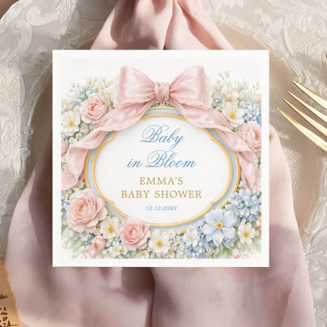 Baby in Bloom Floral Pink Bow Girl Baby Shower Napkin (Creator Uploaded)