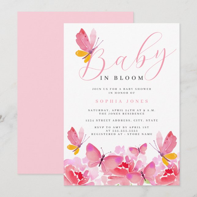Baby in Bloom Floral Pink Butterfly Baby Shower   Invitation (Front/Back)