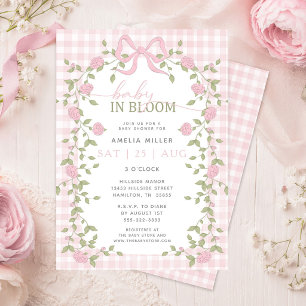 Baby in Bloom Floral Pink Gingham Baby Shower Invitation