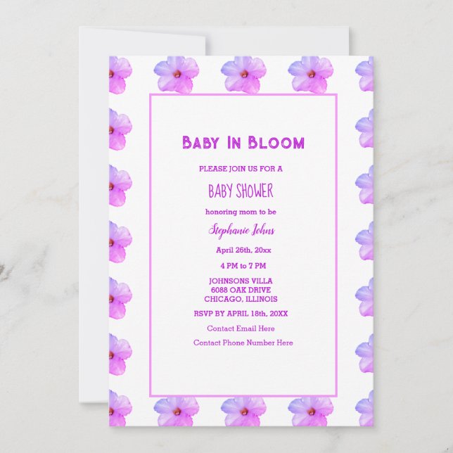 Baby In Bloom Floral Pink Purple Baby Shower Girl Invitation (Front)