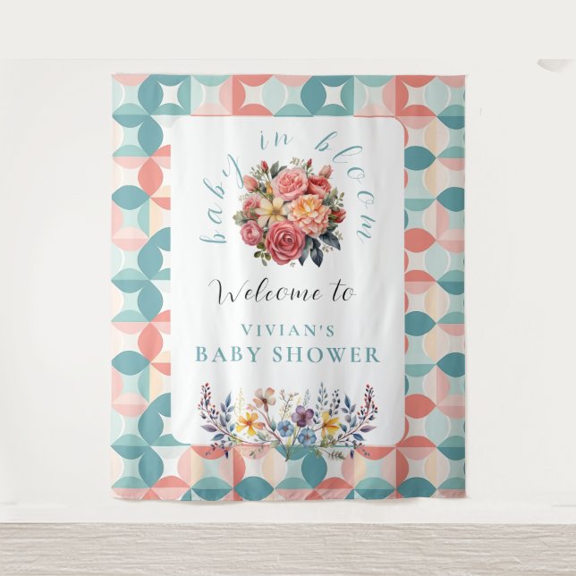 Baby in Bloom Floral Tile Baby Shower Welcome Tapestry (Front)