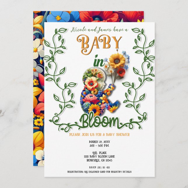 Baby in Bloom Floral Vine Leaf Baby Shower Invitation (Front/Back)