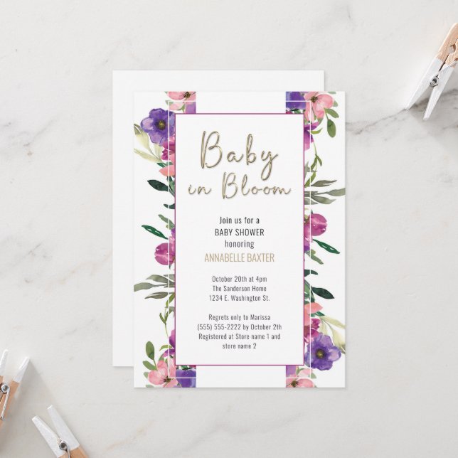 Baby in Bloom Floral Watercolor Baby Shower  Invitation (Front/Back In Situ)