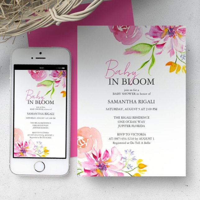Baby In Bloom Floral Watercolor Shower Invitation (Baby in bloom baby shower invite order printed cards or a digital download by Victoria Grigaliunas)