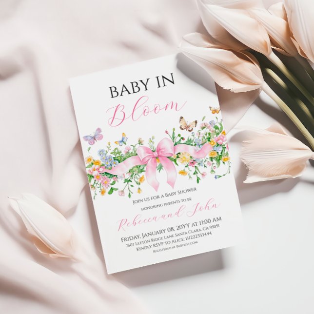 Baby in Bloom Floral Wildflower Bow Baby Shower Invitation (Creator Uploaded)