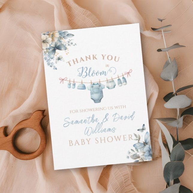 Baby In Bloom Flowers Blue Baby Boy Shower Thank You Card (Creator Uploaded)