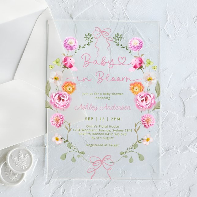 Baby in Bloom Flowers pink Bow Baby Shower Acrylic Invitations (Creator Uploaded)