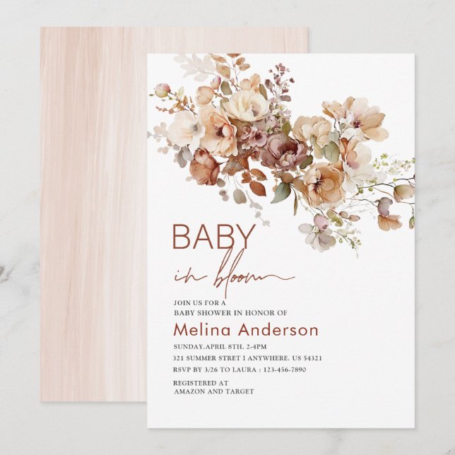 Baby in bloom flowers watercolor baby shower invitation (Front/Back)
