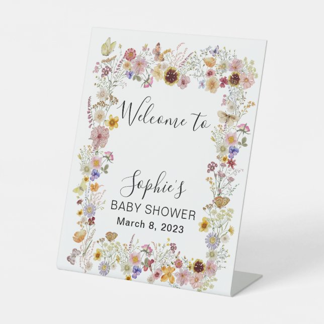 Baby In Bloom Garden Butterflies Baby Shower Pedestal Sign (Front)