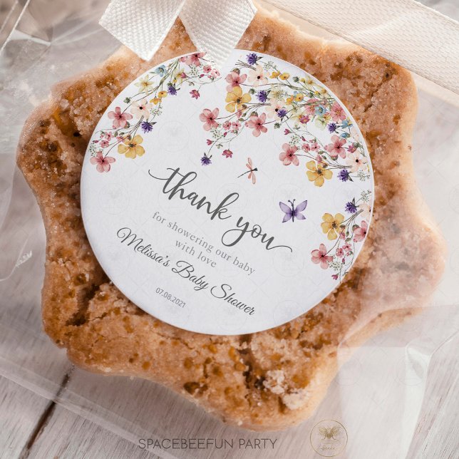 Baby in Bloom Garden Wildflower Baby Shower Classic Round Sticker (Delicate and charming Baby in Bloom garden wildflower baby shower thank you favor sticker tag. Featu)