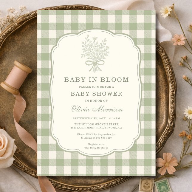 Baby in Bloom Gingham Baby Shower Invitation (Creator Uploaded)