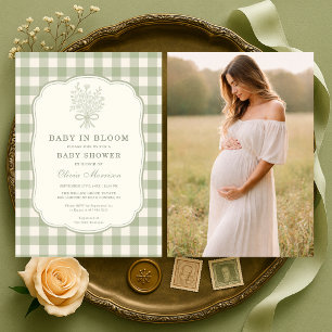 Baby in Bloom Gingham Photo Baby Shower Invitation
