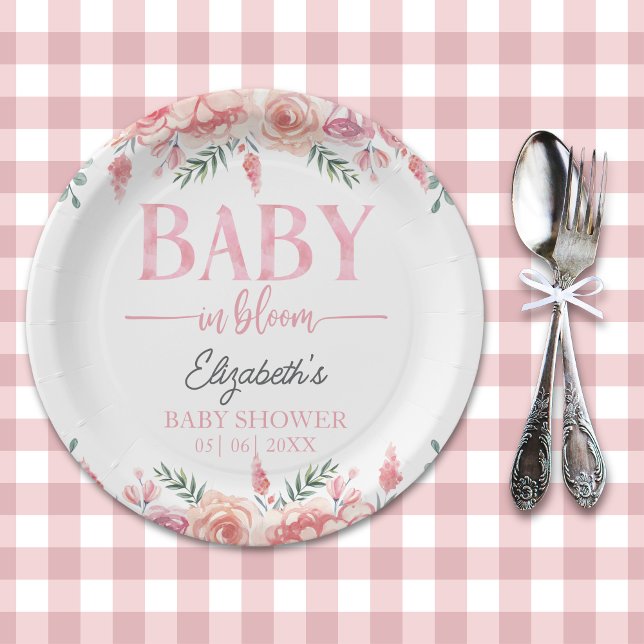 Baby in Bloom – Girl Baby Shower, Pink Flowers Paper Plate (Creator Uploaded)