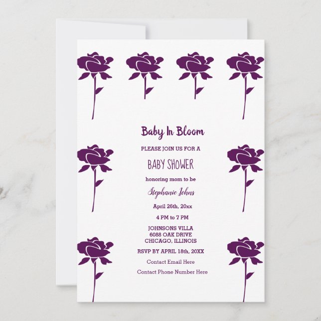 Baby In Bloom Girl Baby Shower Purple Rose 2024 Invitation (Front)