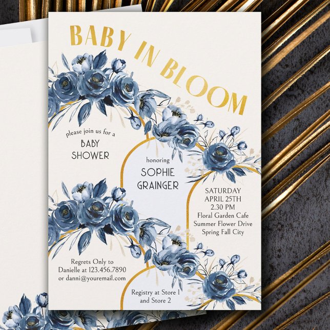 Baby in Bloom Gold Arch Blue Rose Baby Shower Invitation (Creator Uploaded)