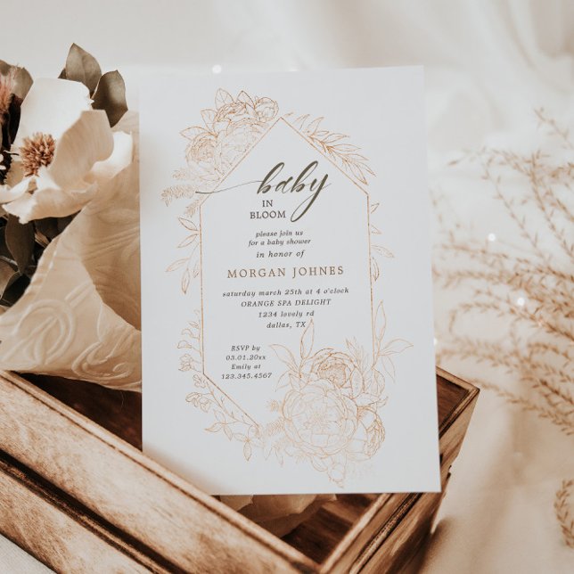 Baby In Bloom Gold Floral Baby Shower Invitation (Creator Uploaded)