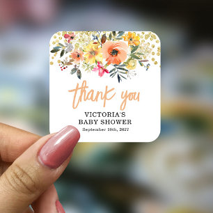 Baby in Bloom Gold Orange Baby Shower Square Sticker