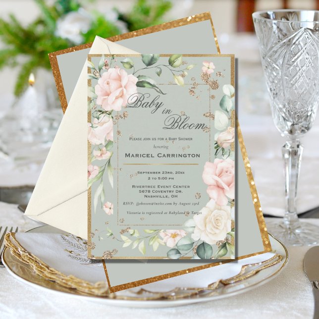 Baby in Bloom Green Floral Elegant Baby Shower Invitation (Creator Uploaded)