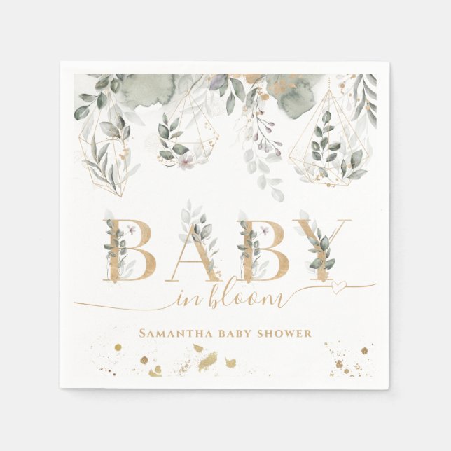 Baby in bloom Greenery & Gold Baby Shower Napkin (Front)
