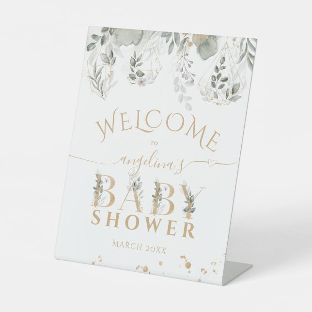 Baby in bloom Greenery & Gold Baby Shower Pedestal Sign (Front)