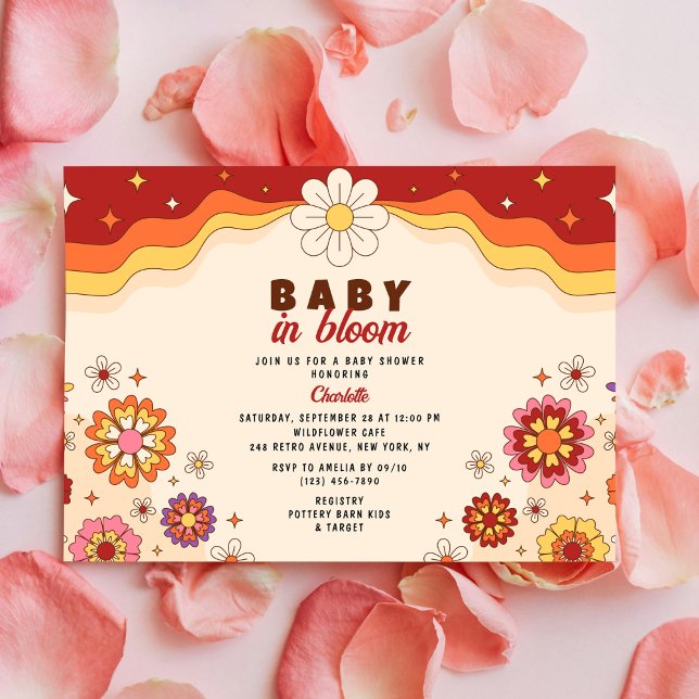 Baby In Bloom Groovy Retro Hippie Flowers Invitation (Creator Uploaded)
