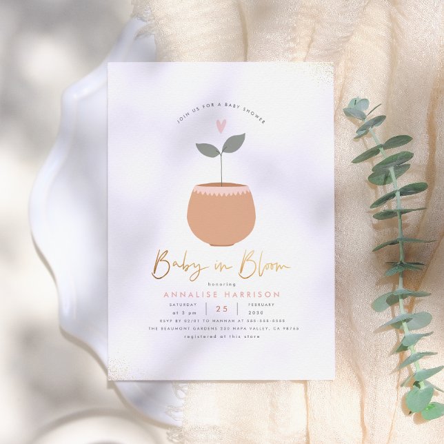 Baby In Bloom Heart Plant Pot Gold Baby Shower Invitation (Creator Uploaded)