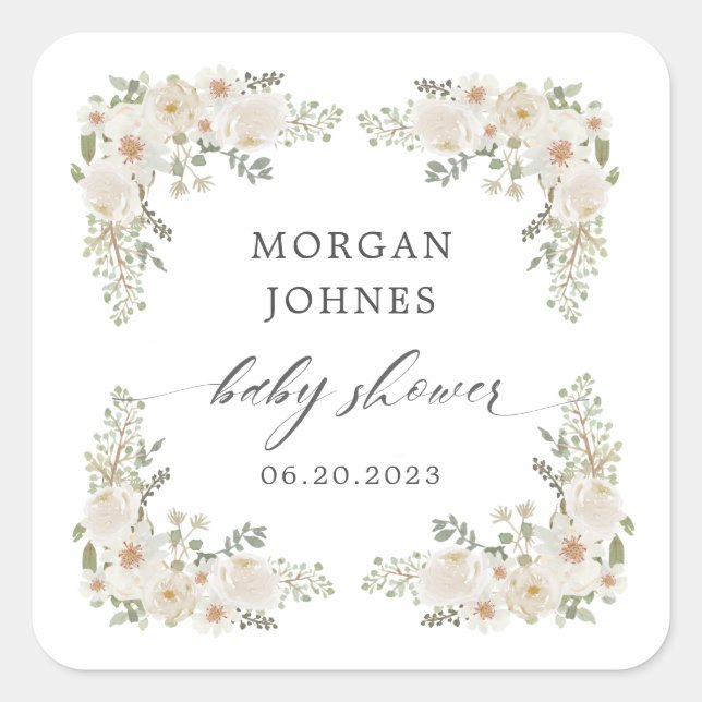 baby in bloom ivory floral baby shower square sticker (Front)
