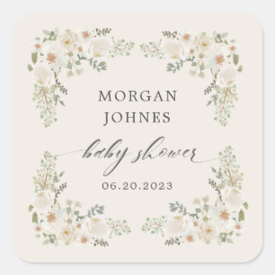baby in bloom ivory floral baby shower square sticker