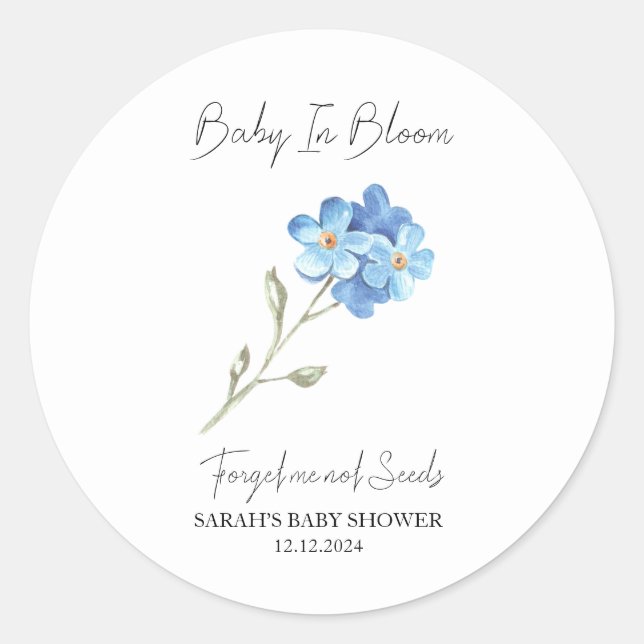 Baby In Bloom l Forget me not Seeds Baby Shower Classic Round Sticker (Front)