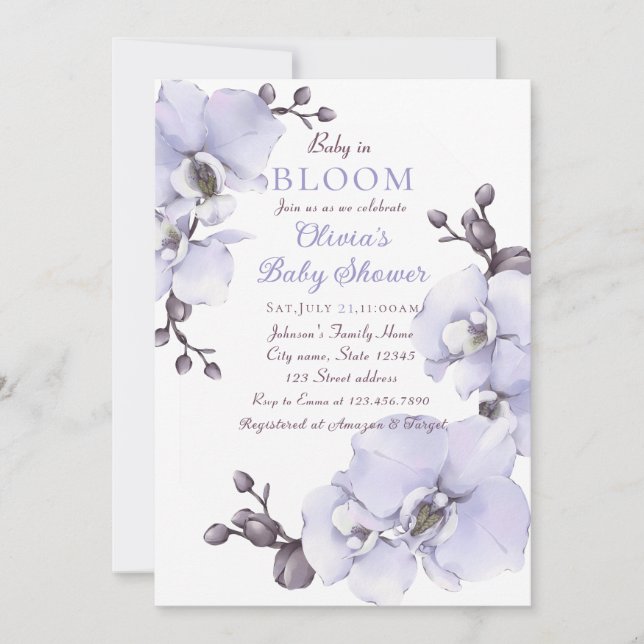 Baby in Bloom Lavender Orchid Baby Shower Invitati Invitation (Front)
