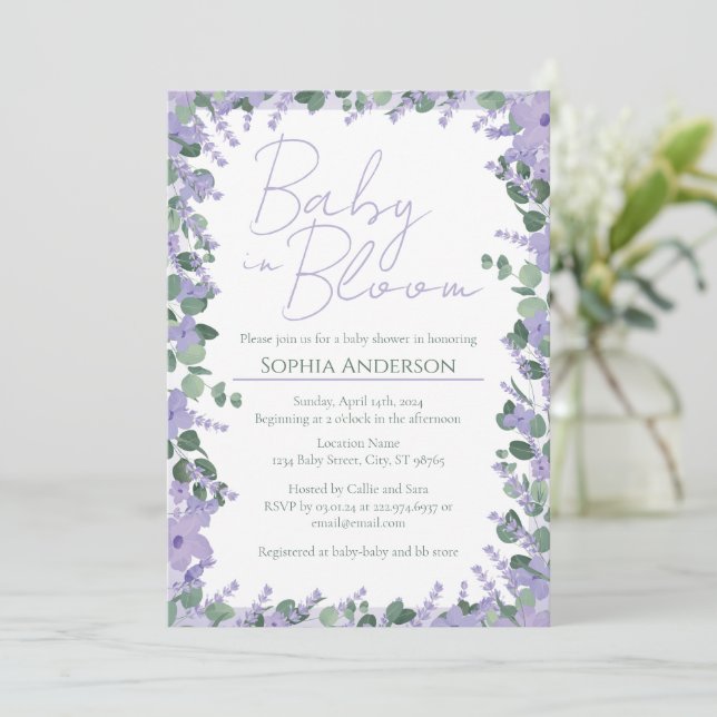 Baby In Bloom Lavender Purple Floral Baby Shower Invitation (Standing Front)