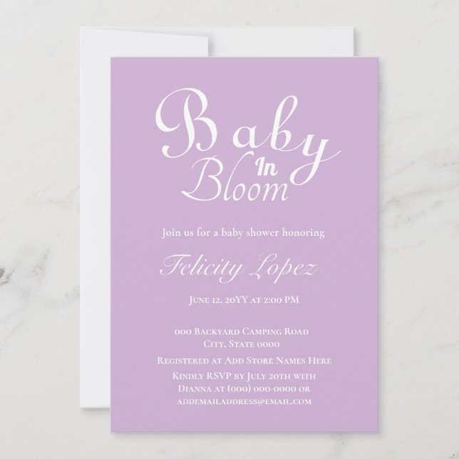 Baby in Bloom Modern Purple Invitation (Front)