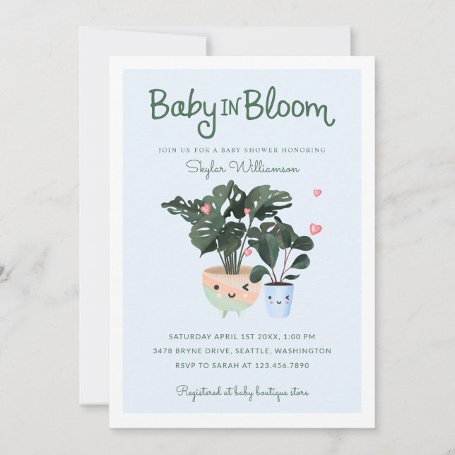 Baby in Bloom Mother & Baby Boy Potted Plants Invitation (Front)
