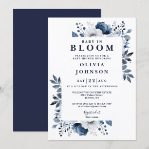Baby In Bloom Navy Blue Elegant Floral Baby Shower Invitation