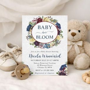 Baby in Bloom Navy Burgundy Floral Baby Shower Invitation
